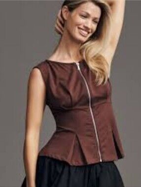 ✨️NWT✨️ Anthropologie Brown Sleeveless Zip-Front Peplum Top